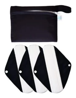 All Black - Lot De 3 Serviettes Hygiéniques Lavables + Pochette - Sensitive - 25 Cm