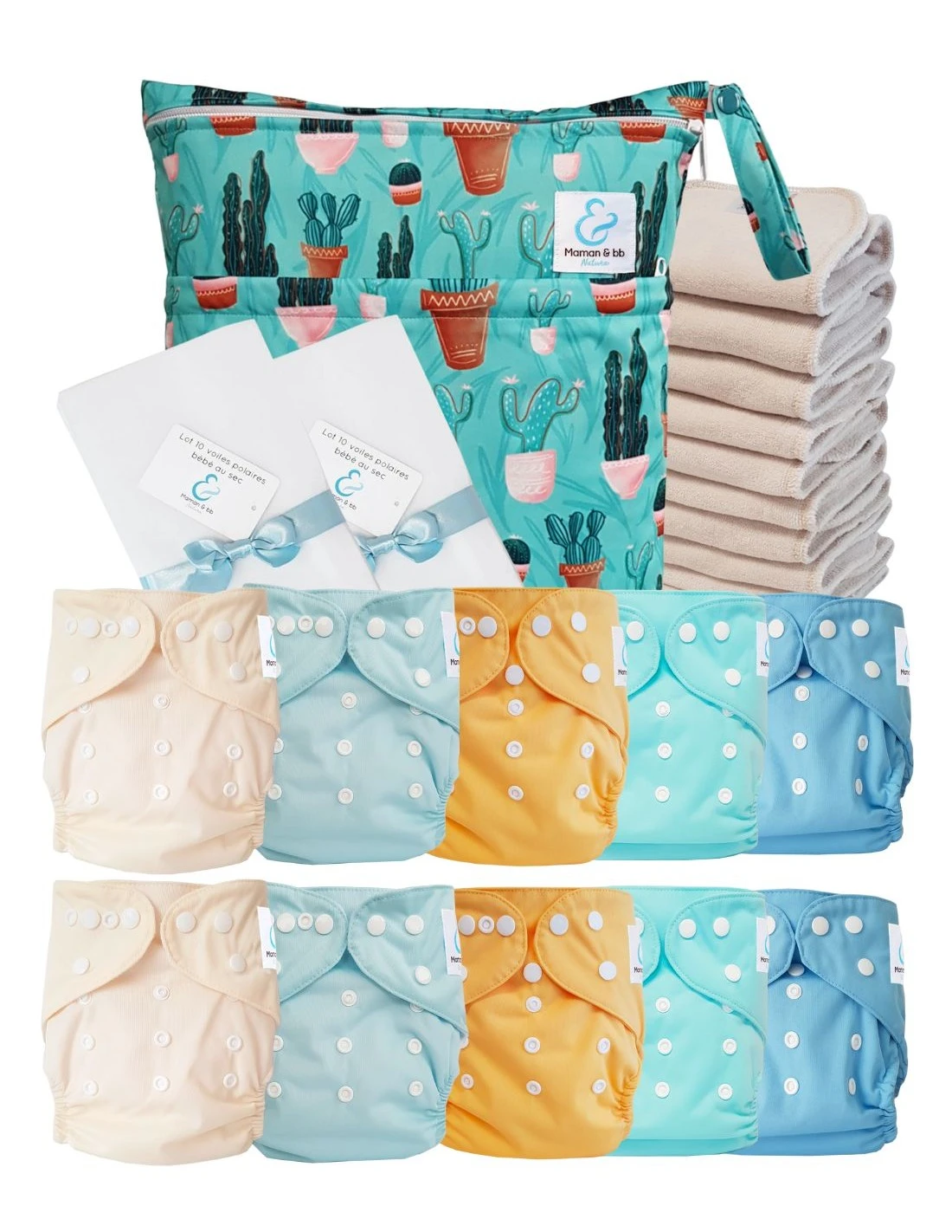 Pack Premium Sensitive : 10 Couches Lavables TE1 + Inserts En Coton + Voiles + Sac - Cactus 1 Pack Premium Sensitive : 10 Couches Lavables TE1 + Inserts En Coton + Voiles + Sac - Cactus