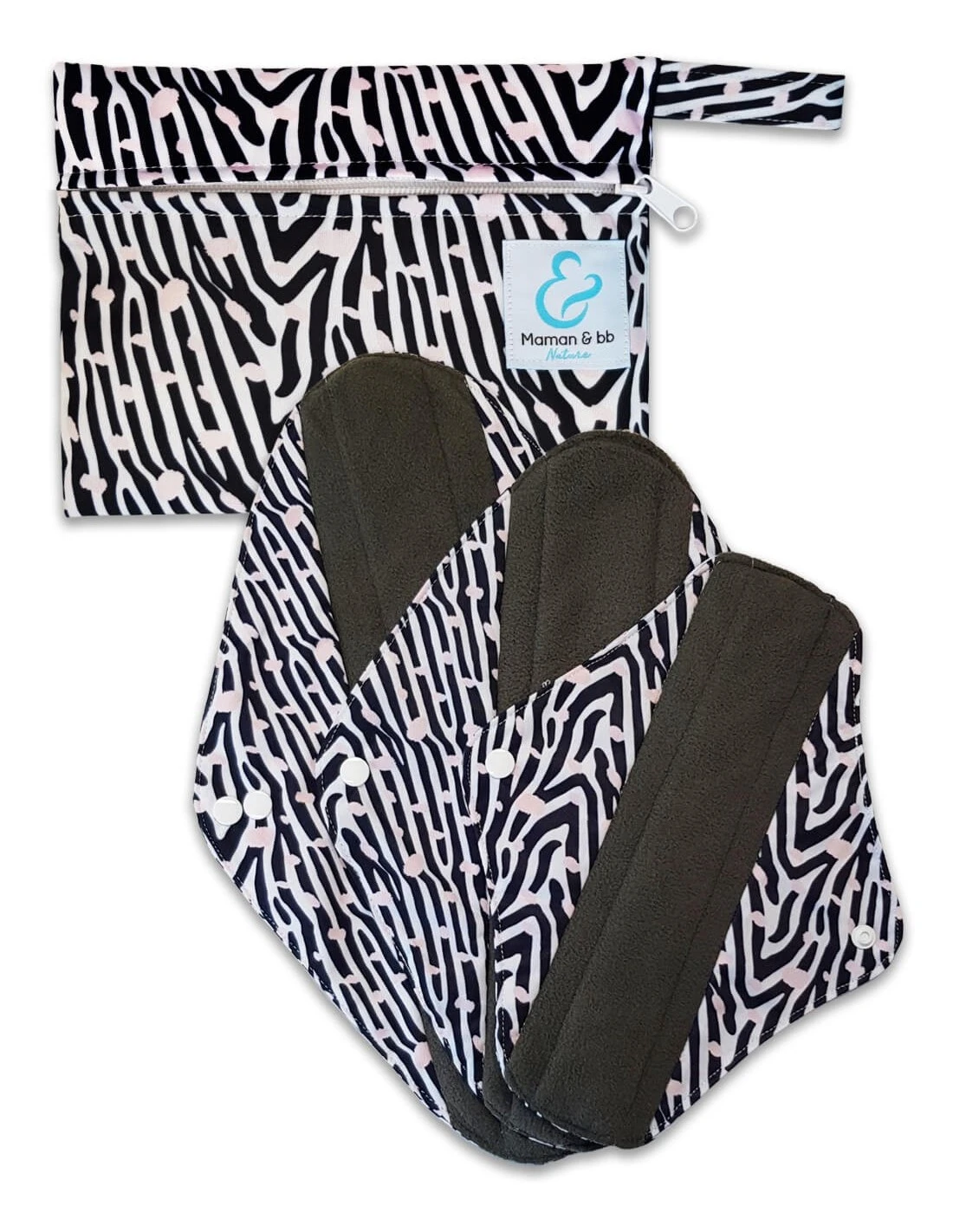 Essenti'elle Plus - Lot De 3 Serviettes Hygiéniques Lavables En Bambou + Pochette - Zebra 1 Essenti'elle Plus - Lot De 3 Serviettes Hygiéniques Lavables En Bambou + Pochette - Zebra