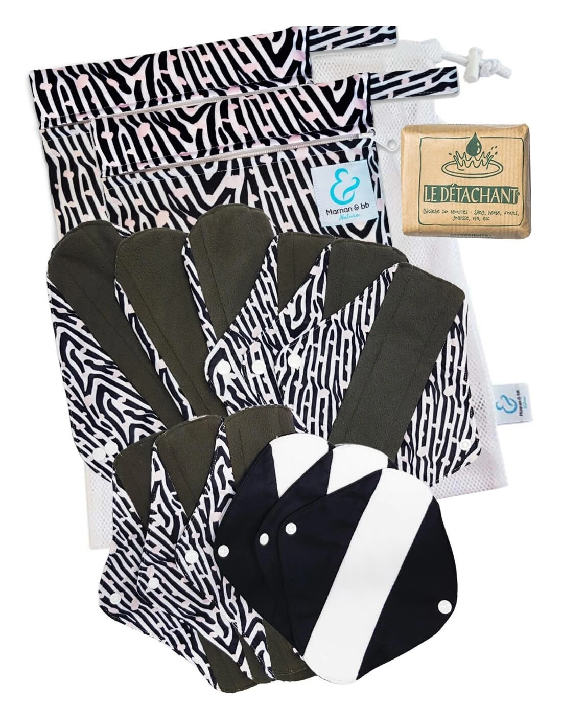 Feminity Zebra - Lot Serviettes Hygiéniques Lavables + Accessoires 1 Feminity Zebra - Lot Serviettes Hygiéniques Lavables + Accessoires