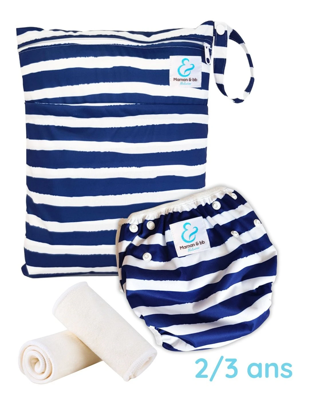 Kit Baignade Bébé 2/3 Ans - Couche Maillot De Bain Lavable + Sac Imperméable + Inserts - Marinière 1 Kit Baignade Bébé 2/3 Ans - Couche Maillot De Bain Lavable + Sac Imperméable + Inserts - Marinière