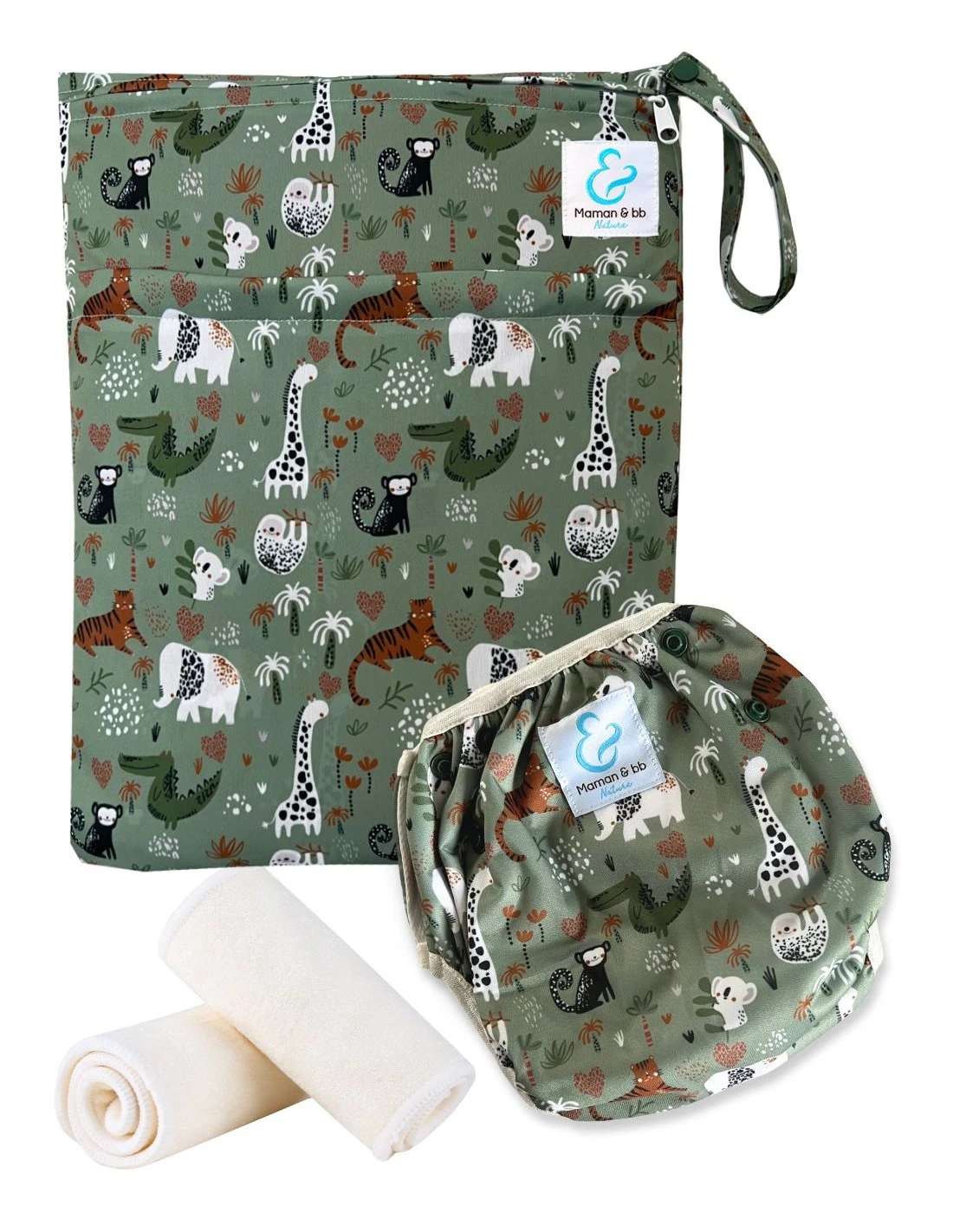 Kit Baignade Bébé - Couche Maillot De Bain Lavable + Sac + Inserts - Jungle 1 Kit Baignade Bébé - Couche Maillot De Bain Lavable + Sac + Inserts - Jungle