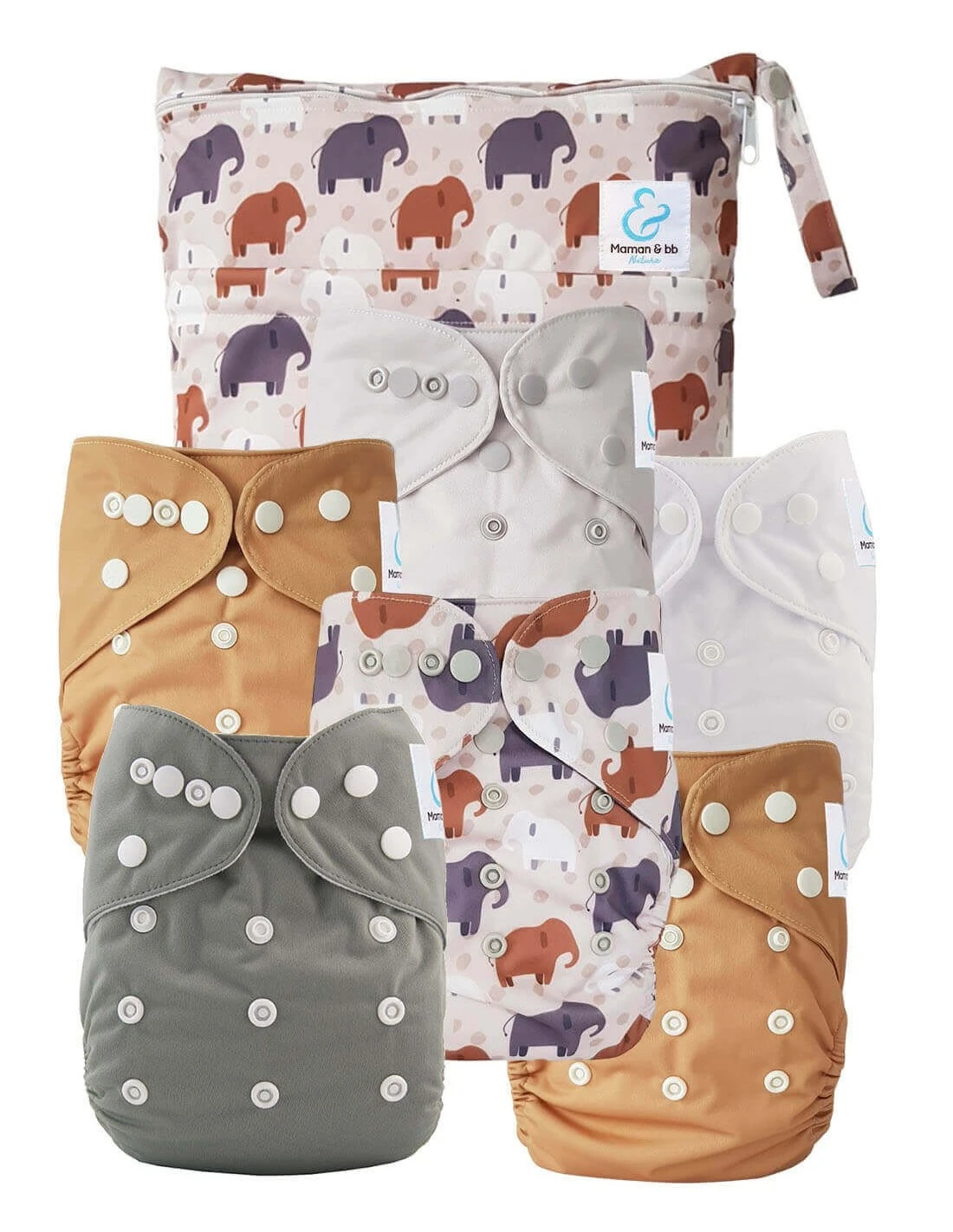 Kit Essentiel - 6 Couches Lavables TE1 + Absorbants + Sac Imperméable - Alphonse L'éléphant 1 Kit Essentiel - 6 Couches Lavables TE1 + Absorbants + Sac Imperméable - Alphonse L'éléphant