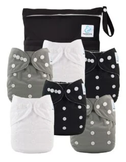 Kit Essentiel - 6 Couches Lavables TE1 + Absorbants + Sac Imperméable - Black And White