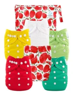 Kit Essentiel - 6 Couches Lavables TE1 + Absorbants + Sac Imperméable - Fraises