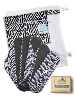 Kit Maternity Zebra - Lot De 5 Serviettes Hygiéniques Lavables En Coton + Savon Detachant + Filet De Lavage Et Pochette