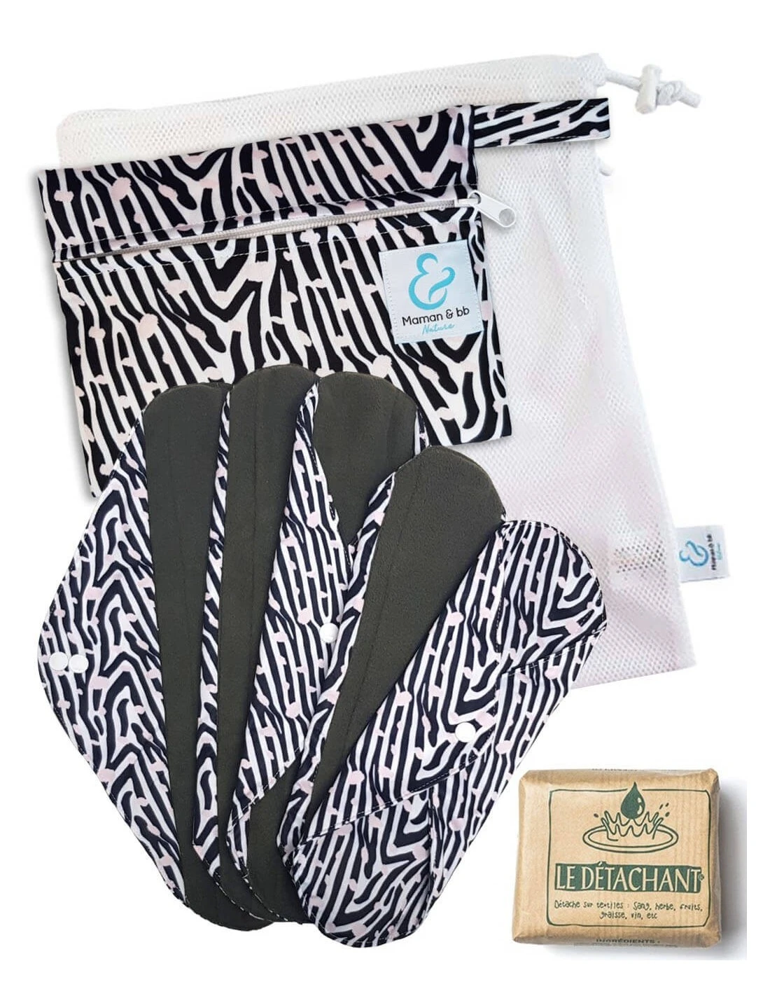 Kit Maternity Zebra - Lot De 5 Serviettes Hygiéniques Lavables En Coton + Savon Detachant + Filet De Lavage Et Pochette 1 Kit Maternity Zebra - Lot De 5 Serviettes Hygiéniques Lavables En Coton + Savon Detachant + Filet De Lavage Et Pochette