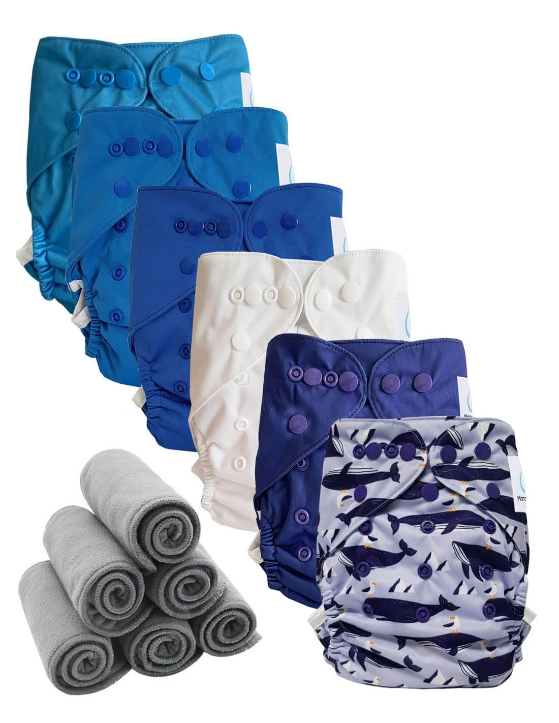 Lot 6 Couches Lavables TE2 + 6 Inserts Bambou Pression - Mylène La Baleine 1 Lot 6 Couches Lavables TE2 + 6 Inserts Bambou Pression - Mylène La Baleine