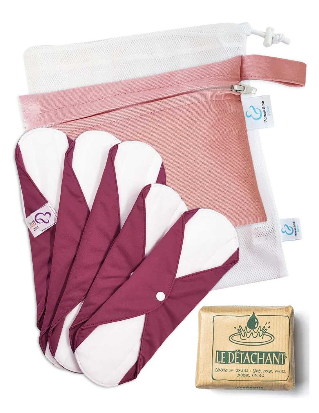Maternity Sensitive - Lot De 5 Serviettes Hygiéniques Lavables En Coton + Savon Detachant + Filet De Lavage Et Pochette 1 Maternity Sensitive - Lot De 5 Serviettes Hygiéniques Lavables En Coton + Savon Detachant + Filet De Lavage Et Pochette