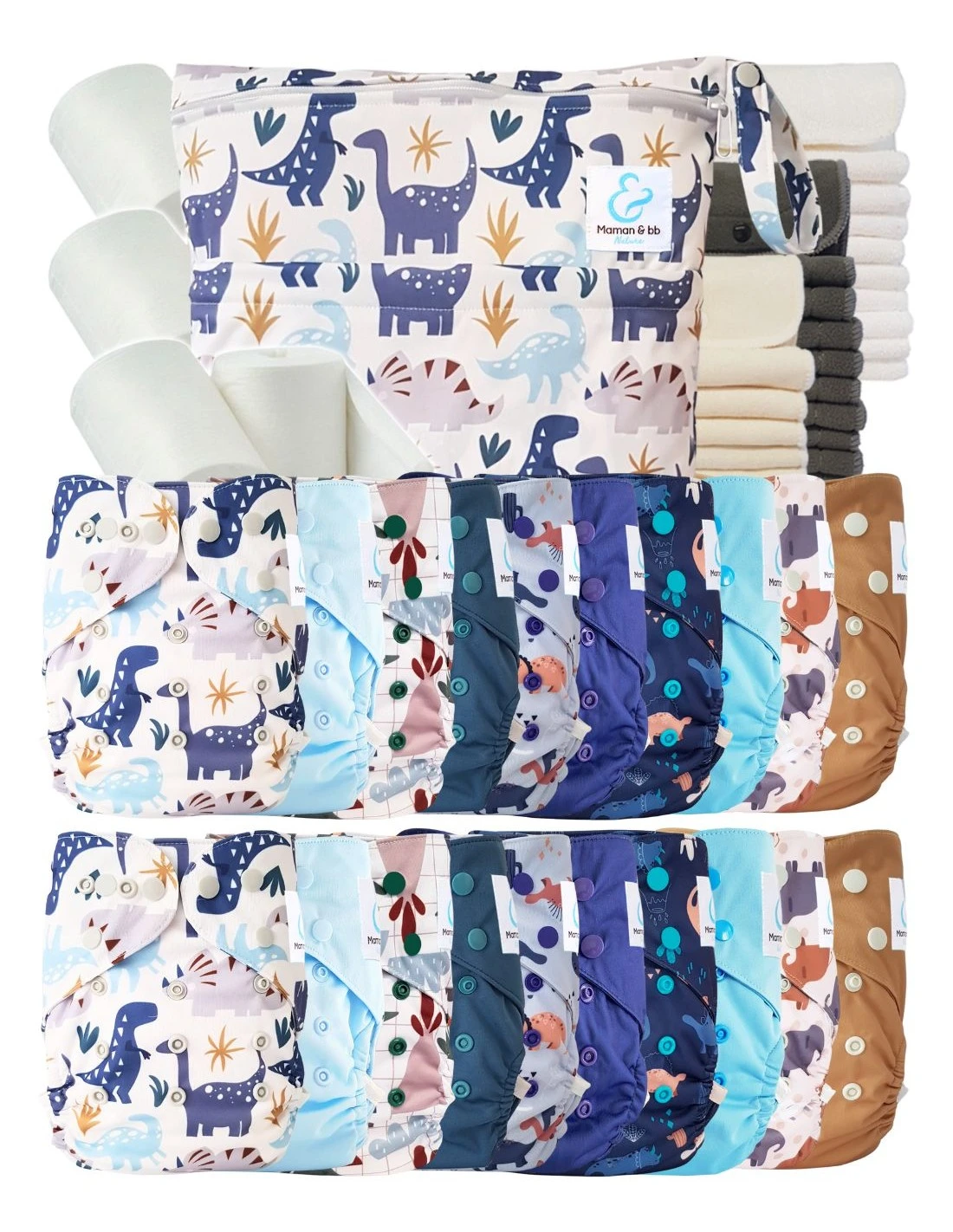 Mega Pack : 20 Couches Lavables TE2 + 30 Inserts + 400 Voiles + Sac - Dinosaures 1 Mega Pack : 20 Couches Lavables TE2 + 30 Inserts + 400 Voiles + Sac - Dinosaures
