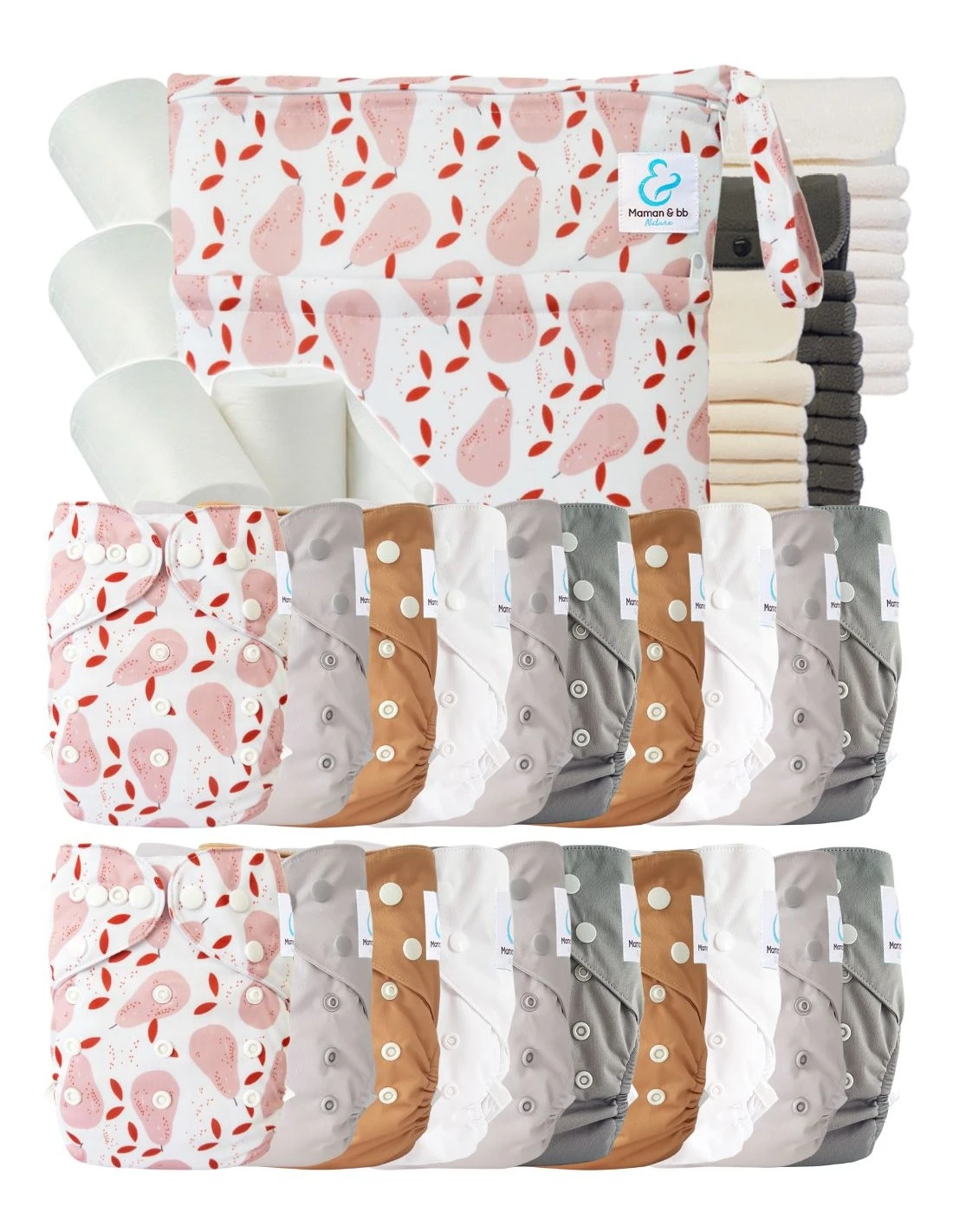 Mega Pack : 20 Couches Lavables TE2 + 30 Inserts + 400 Voiles + Sac - Poire 1 Mega Pack : 20 Couches Lavables TE2 + 30 Inserts + 400 Voiles + Sac - Poire