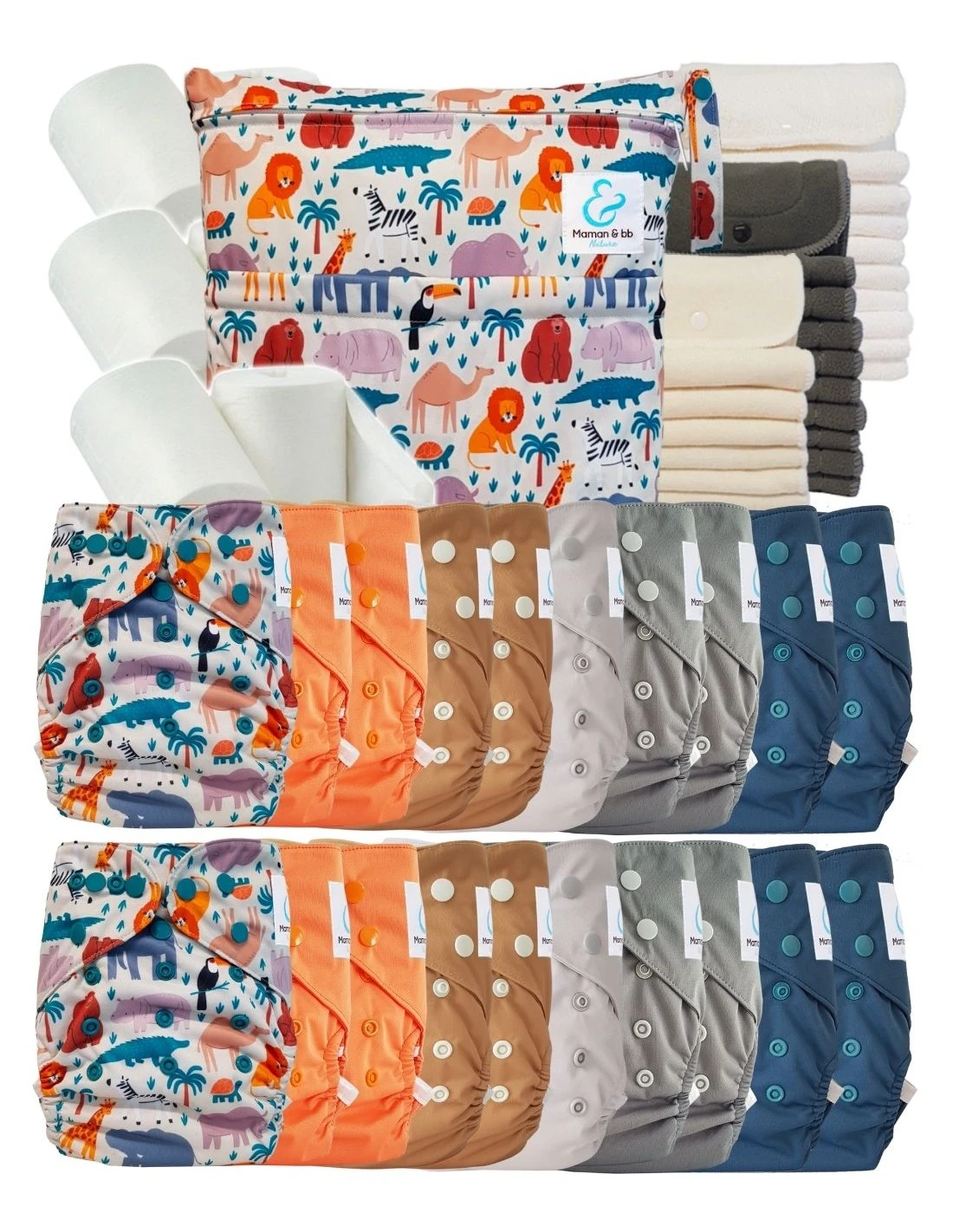 Mega Pack : 20 Couches Lavables TE2 + 30 Inserts + 400 Voiles + Sac - Savane 1 Mega Pack : 20 Couches Lavables TE2 + 30 Inserts + 400 Voiles + Sac - Savane