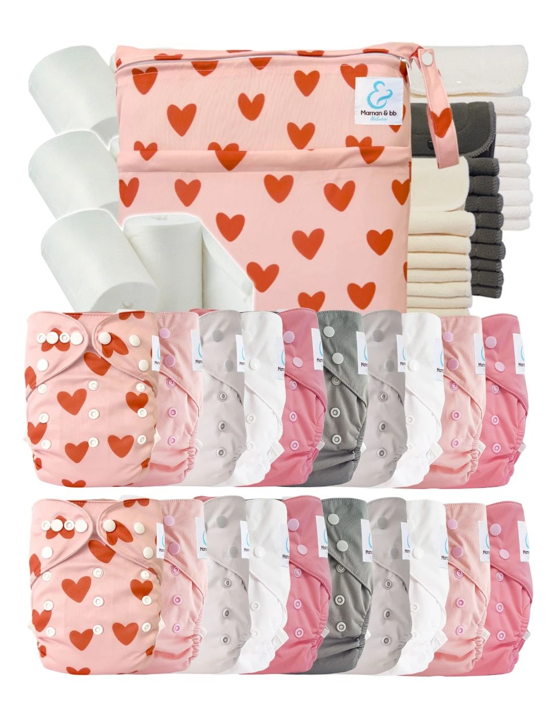 Mega Pack : 20 Couches Lavables TE2 + 30 Inserts + Voiles + Sac - Petit Coeur 1 Mega Pack : 20 Couches Lavables TE2 + 30 Inserts + Voiles + Sac - Petit Coeur