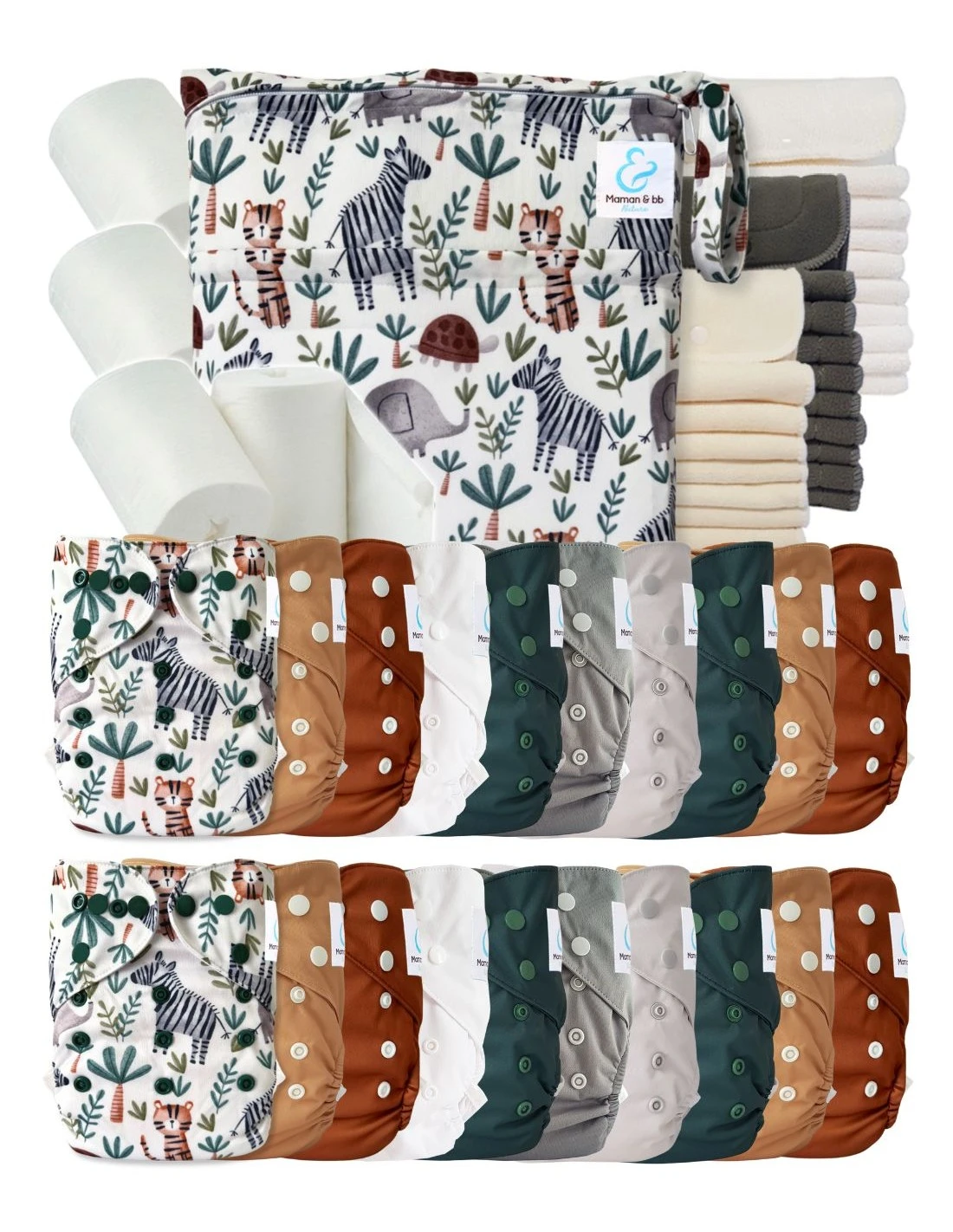 Mega Pack : 20 Couches Lavables TE2 + 30 Inserts + Voiles + Sac - Safari 1 Mega Pack : 20 Couches Lavables TE2 + 30 Inserts + Voiles + Sac - Safari