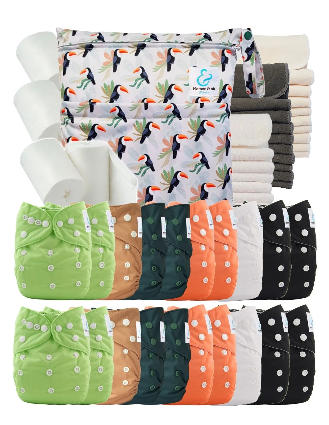 Mega Pack : Lot De 20 Couches Lavables TE1 + 40 Inserts + 400 Voiles + Sac Imperméable - Alban 1 Mega Pack : Lot De 20 Couches Lavables TE1 + 40 Inserts + 400 Voiles + Sac Imperméable - Alban