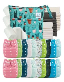 Mega Pack : Lot De 20 Couches Lavables TE1 + 40 Inserts + 400 Voiles + Sac Imperméable - Cactus