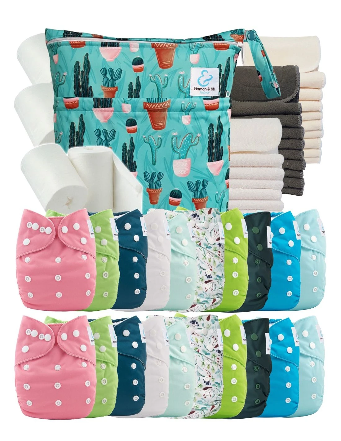 Mega Pack : Lot De 20 Couches Lavables TE1 + 40 Inserts + 400 Voiles + Sac Imperméable - Cactus 1 Mega Pack : Lot De 20 Couches Lavables TE1 + 40 Inserts + 400 Voiles + Sac Imperméable - Cactus