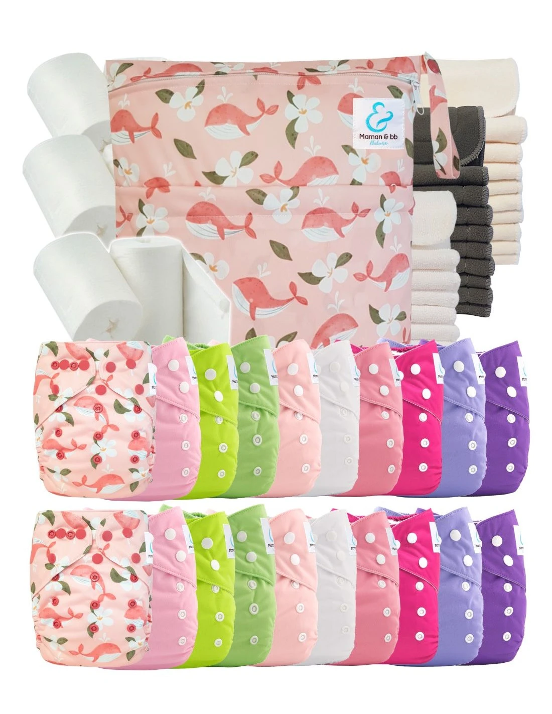 Mega Pack : Lot De 20 Couches Lavables TE1 + 40 Inserts + 400 Voiles + Sac Imperméable - Maiwenn 1 Mega Pack : Lot De 20 Couches Lavables TE1 + 40 Inserts + 400 Voiles + Sac Imperméable - Maiwenn