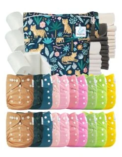 Mega Pack : Lot De 20 Couches Lavables TE1 + 40 Inserts + 400 Voiles + Sac Imperméable - Leopold Pink