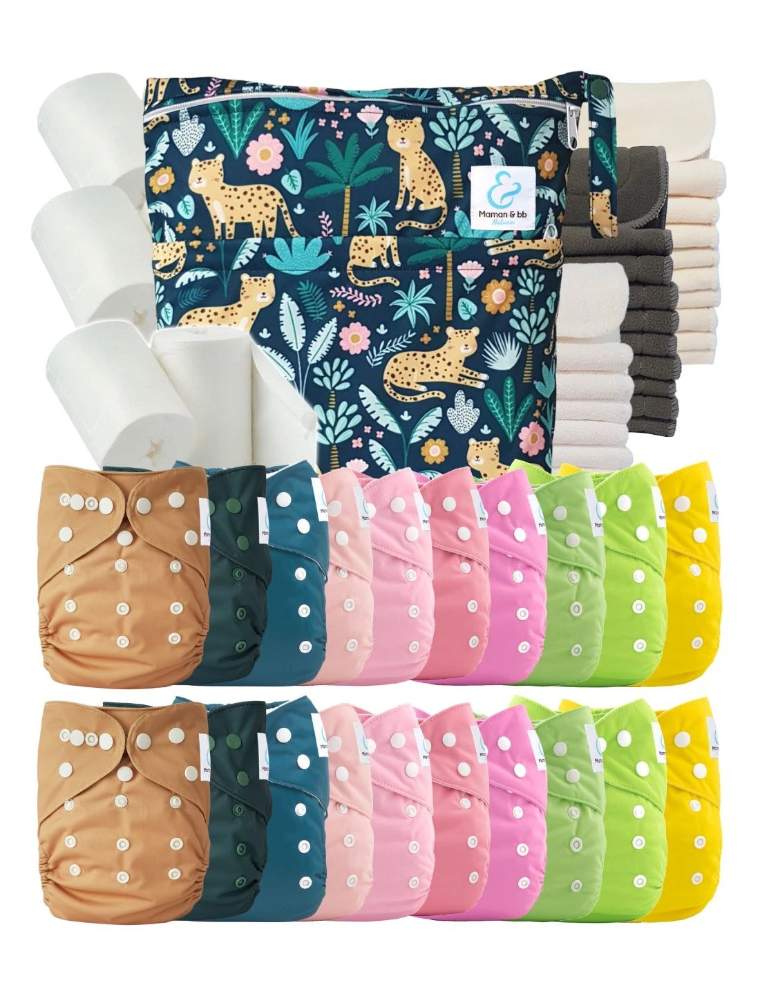 Mega Pack : Lot De 20 Couches Lavables TE1 + 40 Inserts + 400 Voiles + Sac Imperméable - Leopold Pink 1 Mega Pack : Lot De 20 Couches Lavables TE1 + 40 Inserts + 400 Voiles + Sac Imperméable - Leopold Pink