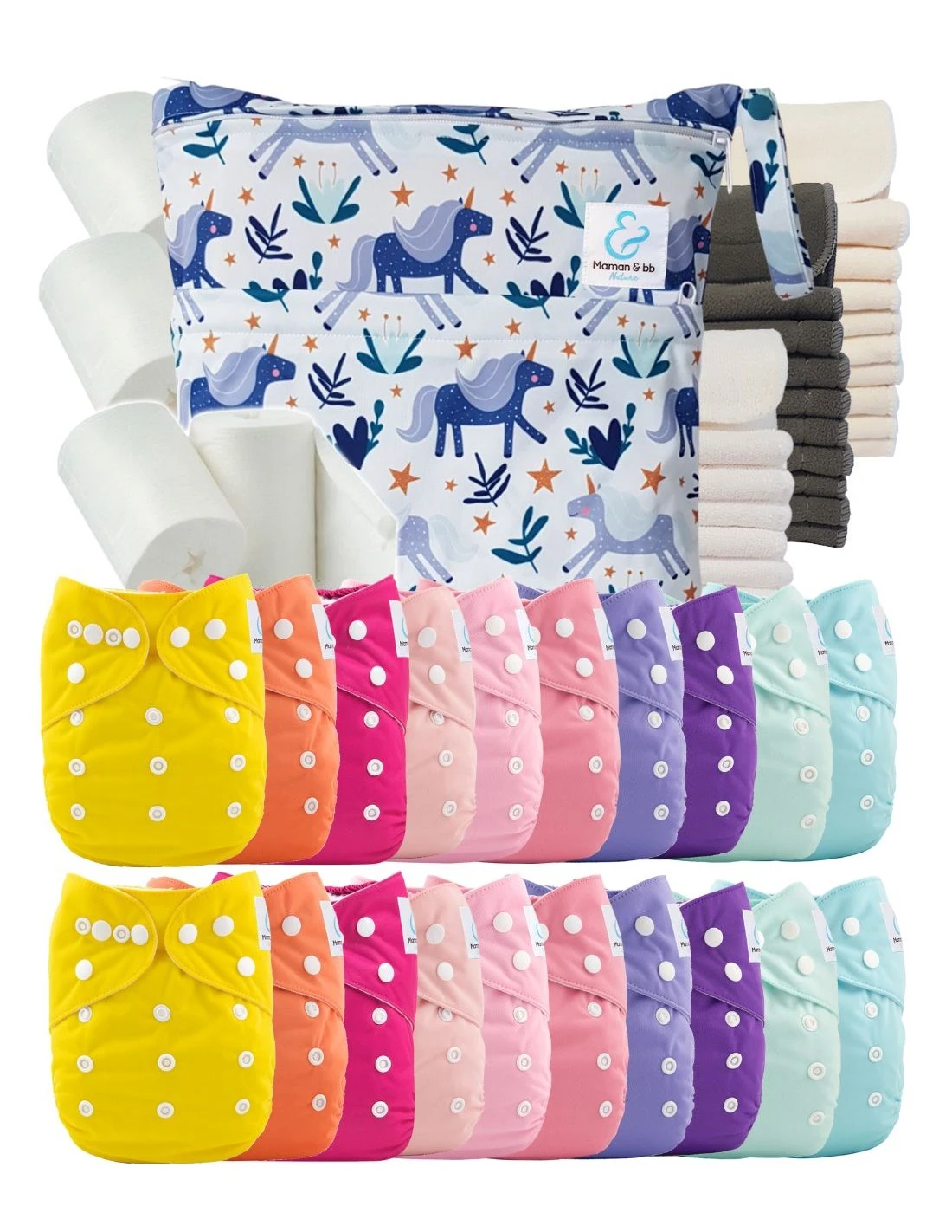 Mega Pack : Lot De 20 Couches Lavables TE1 + 40 Inserts + 400 Voiles + Sac Imperméable - Licorne 1 Mega Pack : Lot De 20 Couches Lavables TE1 + 40 Inserts + 400 Voiles + Sac Imperméable - Licorne