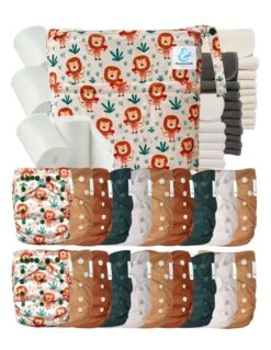 Mega Pack : Lot De 20 Couches Lavables TE1 + 40 Inserts + 400 Voiles + Sac Imperméable - Aaron Le Lion