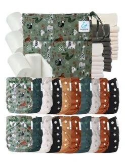Mega Pack : Lot De 20 Couches Lavables TE1 + 40 Inserts + 400 Voiles + Sac Imperméable - Jungle