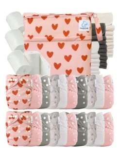 Mega Pack : Lot De 20 Couches Lavables TE1 + 40 Inserts + 400 Voiles + Sac - Petit Coeur
