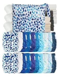 Mega Pack : Lot De 20 Couches Lavables TE2 + 30 Inserts + 400 Voiles + Sac Imperméable - Blue Rain