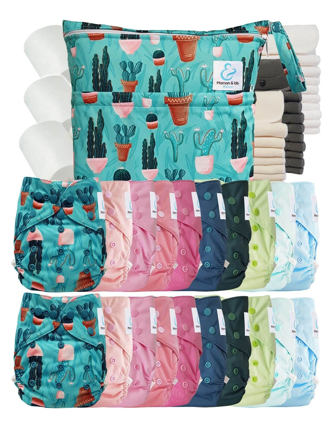Mega Pack : Lot De 20 Couches Lavables TE2 + 30 Inserts + 400 Voiles + Sac Imperméable - Cactus 1 Mega Pack : Lot De 20 Couches Lavables TE2 + 30 Inserts + 400 Voiles + Sac Imperméable - Cactus