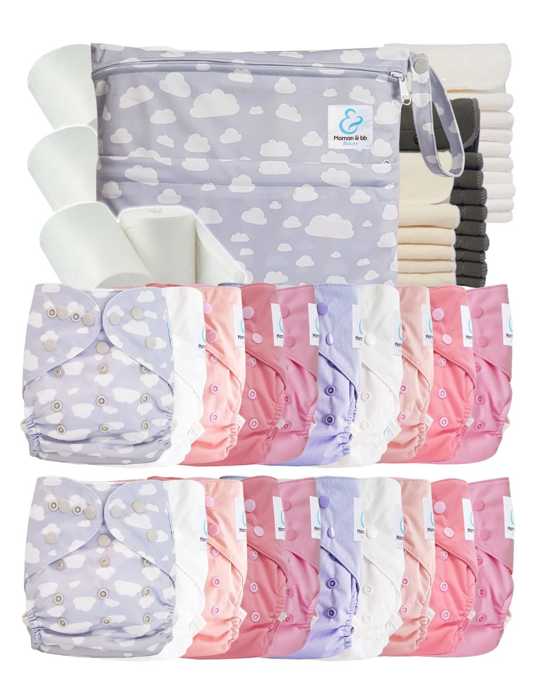 Mega Pack : Lot De 20 Couches Lavables TE2 + 30 Inserts + 400 Voiles + Sac Imperméable - Cloudy Pink 1 Mega Pack : Lot De 20 Couches Lavables TE2 + 30 Inserts + 400 Voiles + Sac Imperméable - Cloudy Pink