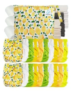 Mega Pack : Lot De 20 Couches Lavables TE2 + 30 Inserts + 400 Voiles + Sac Imperméable - Lemon