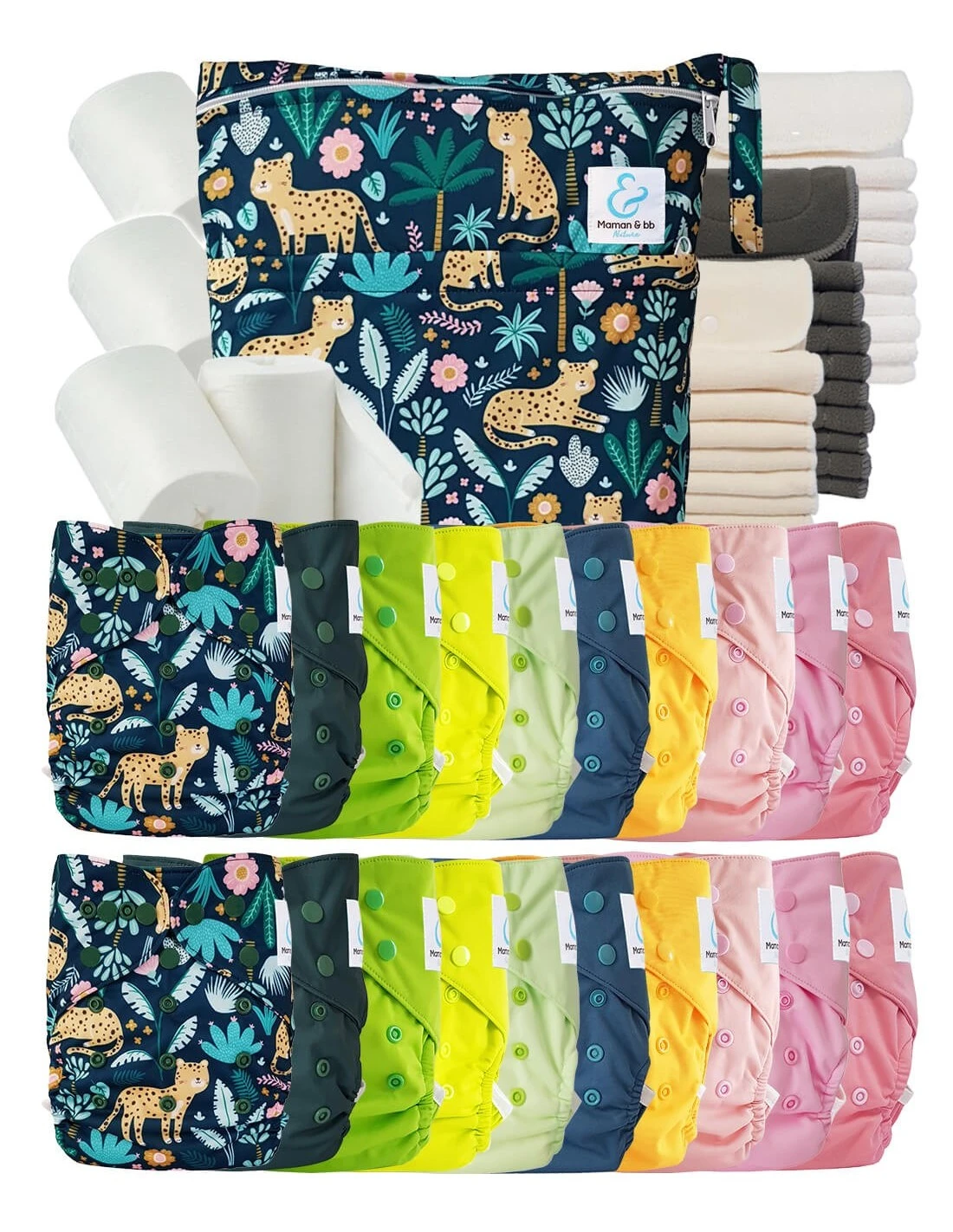Mega Pack : Lot De 20 Couches Lavables TE2 + 30 Inserts + 400 Voiles + Sac Imperméable - Leopold 1 Mega Pack : Lot De 20 Couches Lavables TE2 + 30 Inserts + 400 Voiles + Sac Imperméable - Leopold