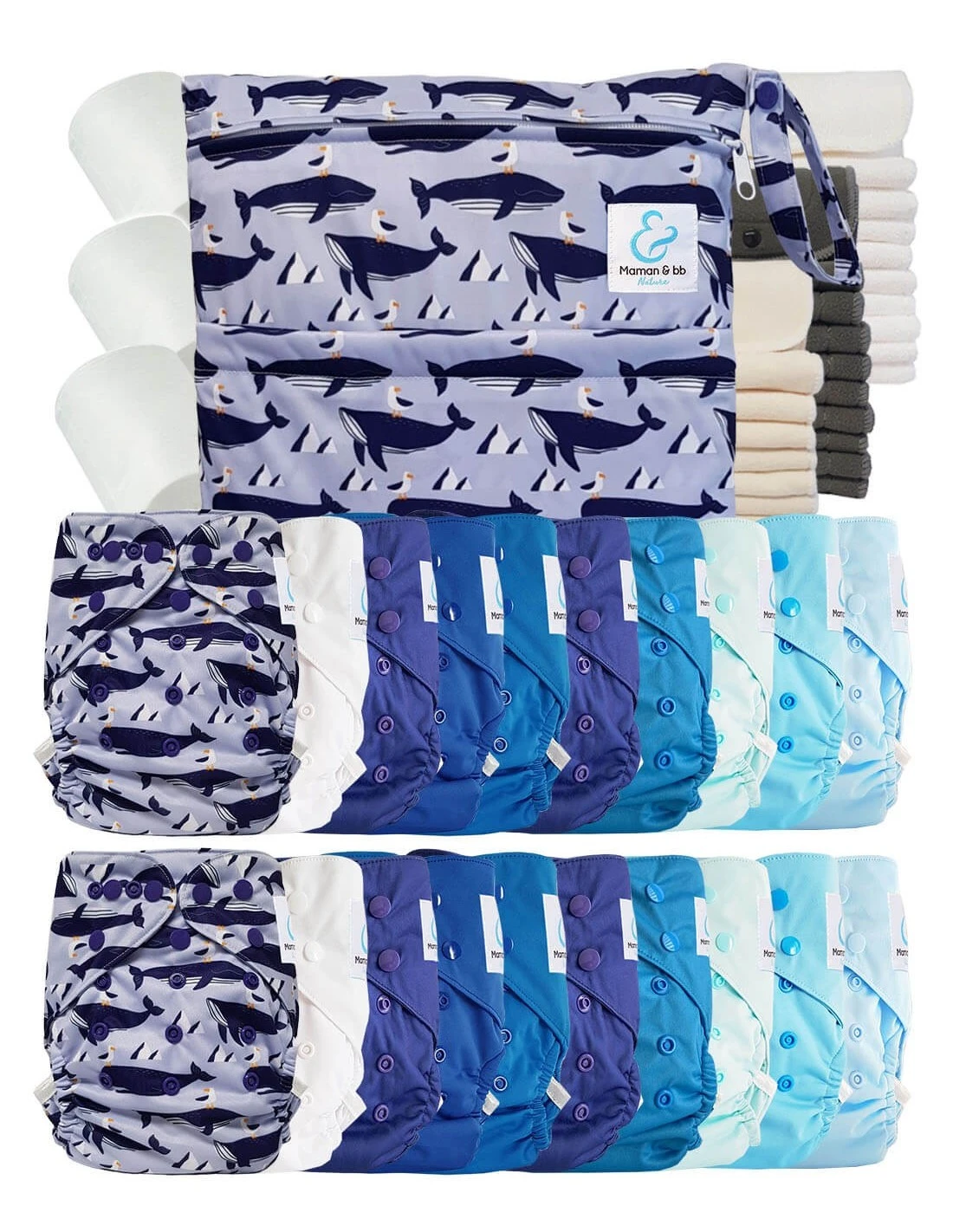 Mega Pack : Lot De 20 Couches Lavables TE2 + 30 Inserts + 400 Voiles + Sac Imperméable - Mylene La Baleine 1 Mega Pack : Lot De 20 Couches Lavables TE2 + 30 Inserts + 400 Voiles + Sac Imperméable - Mylene La Baleine
