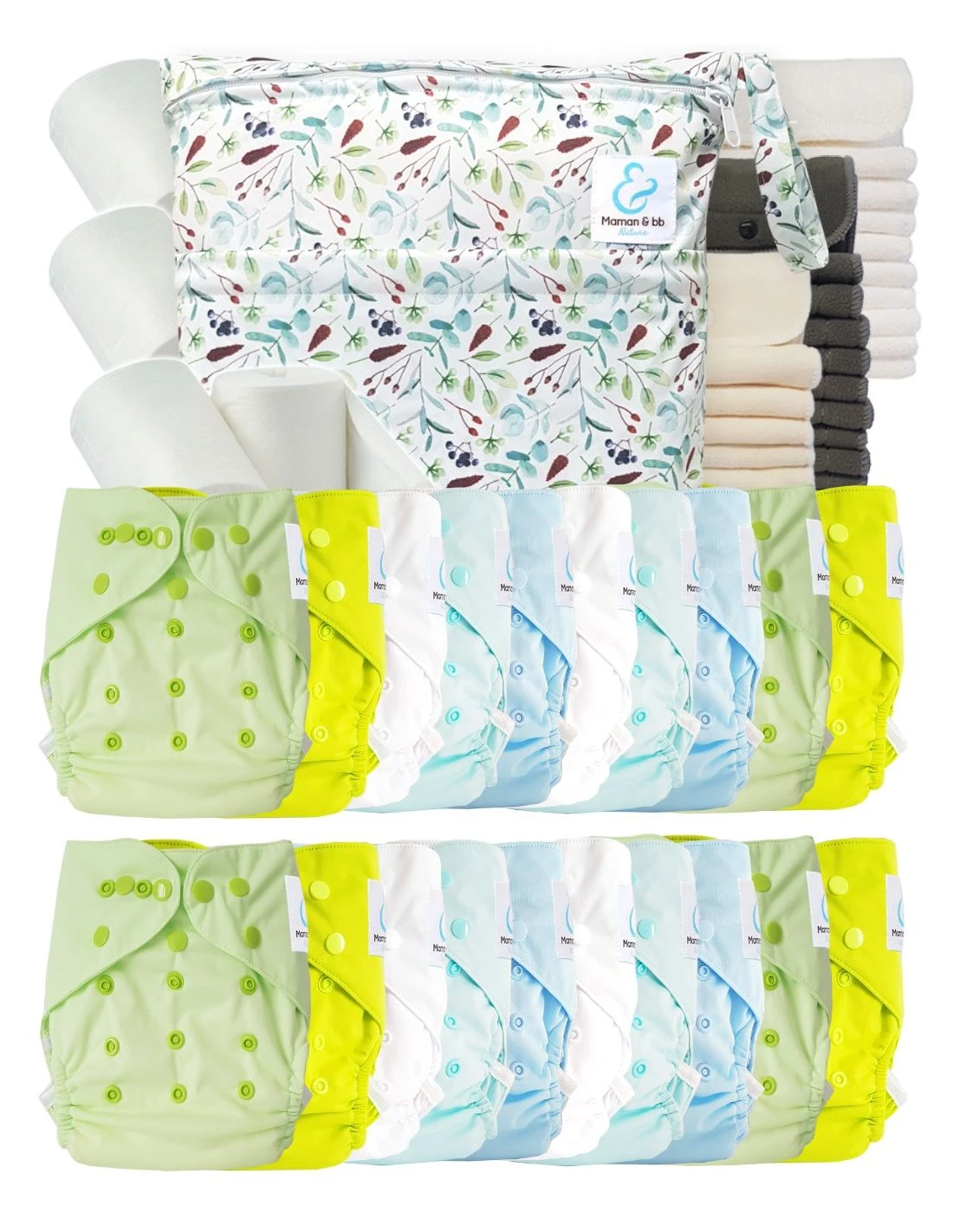 Mega Pack : Lot De 20 Couches Lavables TE2 + 30 Inserts + 400 Voiles + Sac Imperméable - Nature 1 Mega Pack : Lot De 20 Couches Lavables TE2 + 30 Inserts + 400 Voiles + Sac Imperméable - Nature