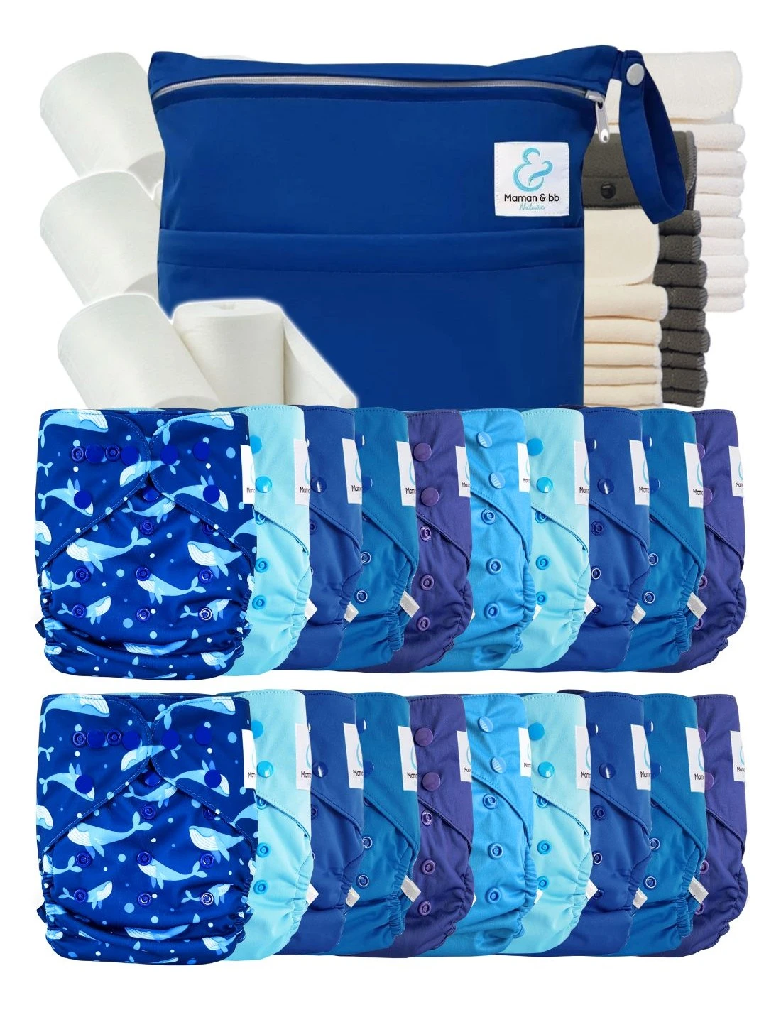 Mega Pack : Lot De 20 Couches Lavables TE2 + 30 Inserts + 400 Voiles + Sac Imperméable - Nino 1 Mega Pack : Lot De 20 Couches Lavables TE2 + 30 Inserts + 400 Voiles + Sac Imperméable - Nino
