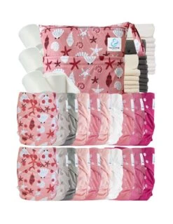Mega Pack : Lot De 20 Couches Lavables TE2 + 30 Inserts + 400 Voiles + Sac Imperméable - Coquillages