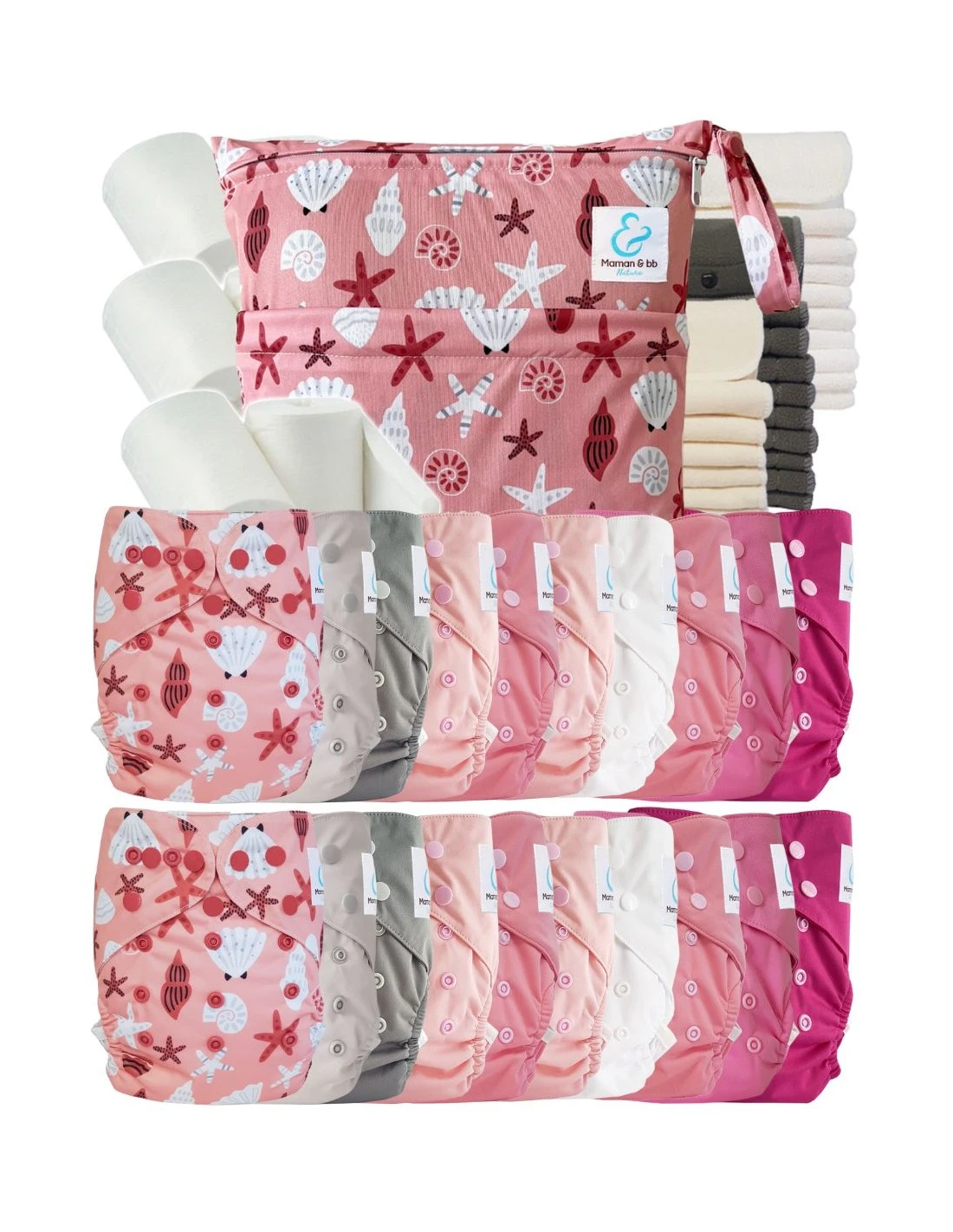 Mega Pack : Lot De 20 Couches Lavables TE2 + 30 Inserts + 400 Voiles + Sac Imperméable - Coquillages 1 Mega Pack : Lot De 20 Couches Lavables TE2 + 30 Inserts + 400 Voiles + Sac Imperméable - Coquillages