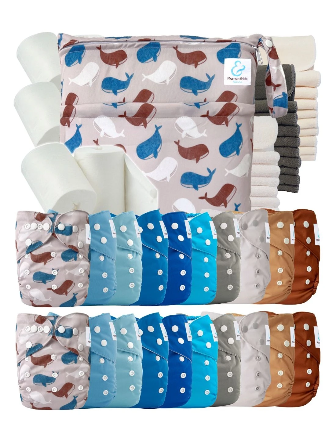 Mega Pack : Lot De 20 Couches Lavables TE1 + 40 Inserts + 400 Voiles + Sac - Nautilus 1 Mega Pack : Lot De 20 Couches Lavables TE1 + 40 Inserts + 400 Voiles + Sac - Nautilus