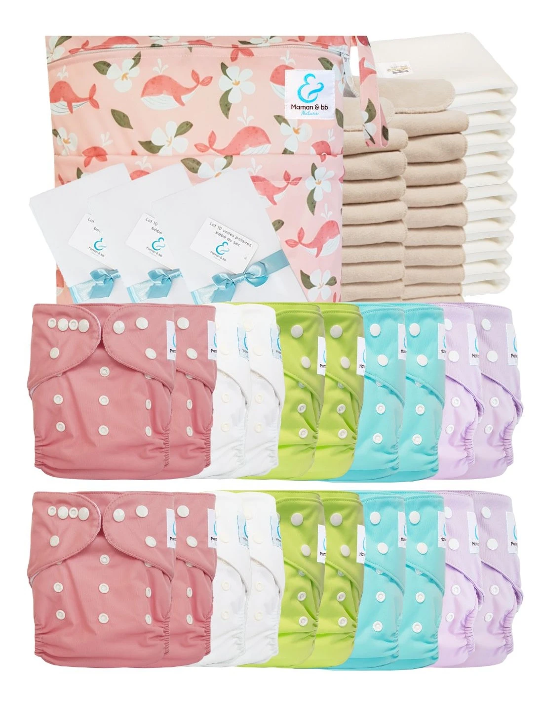 Mega Pack Sensitive : 20 Couches Lavables TE1 + Inserts + Voiles + Sac - Maiwenn 1 Mega Pack Sensitive : 20 Couches Lavables TE1 + Inserts + Voiles + Sac - Maiwenn