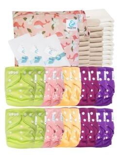 Mega Pack Sensitive : 20 Couches Lavables TE2 Inserts Voiles Sac - Peony