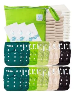 Mega Pack Sensitive : Lot De 20 Couches Lavables TE1 + Inserts + Voiles + Sac - Green