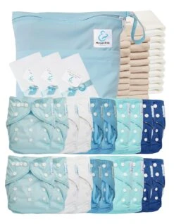Mega Pack Sensitive : Lot De 20 Couches Lavables TE1 + Inserts + Voiles + Sac - Indigo