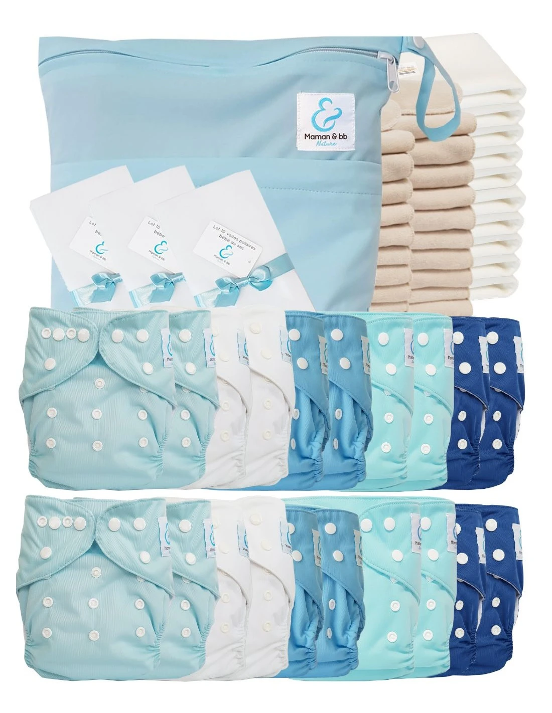 Mega Pack Sensitive : Lot De 20 Couches Lavables TE1 + Inserts + Voiles + Sac - Indigo 1 Mega Pack Sensitive : Lot De 20 Couches Lavables TE1 + Inserts + Voiles + Sac - Indigo