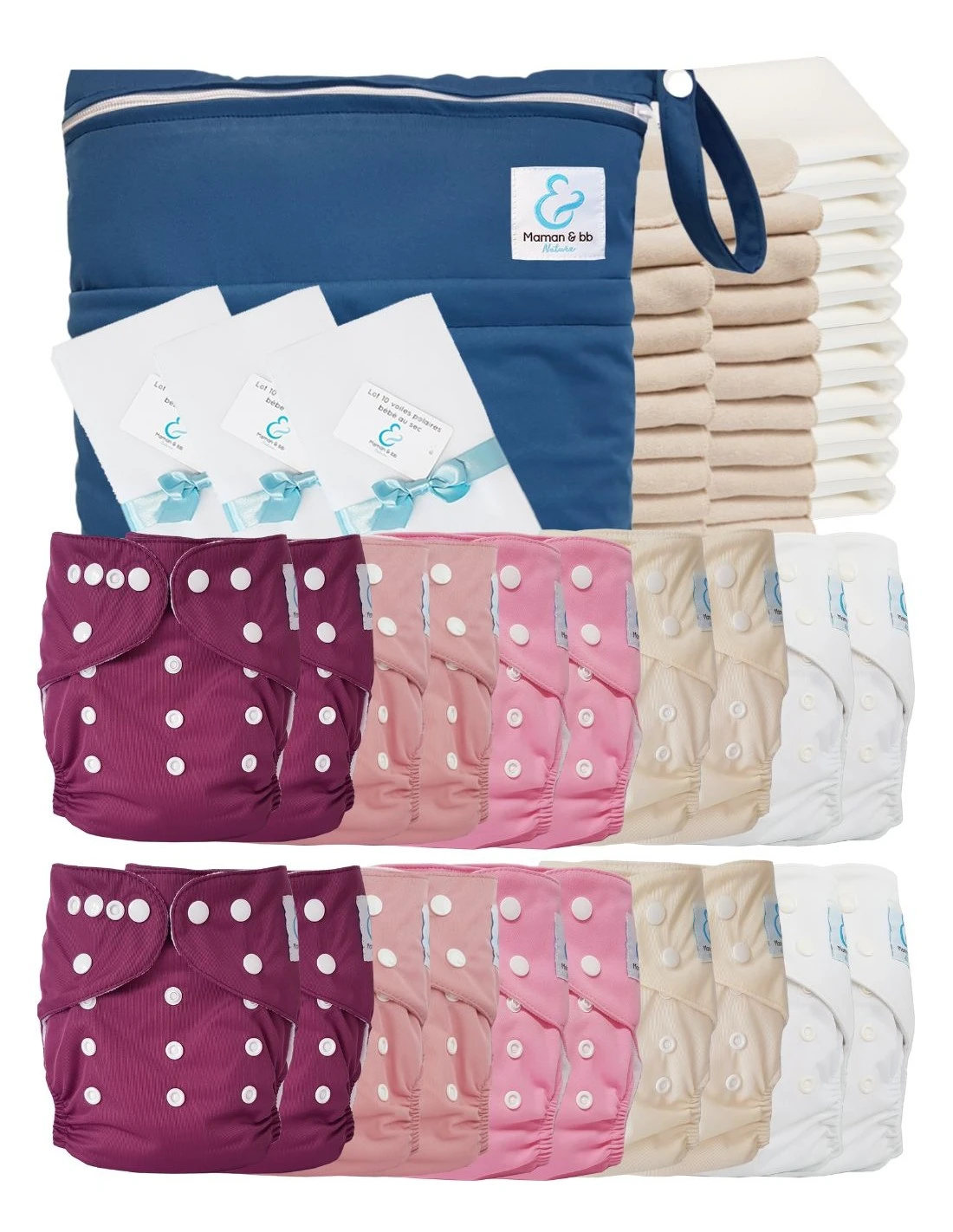 Mega Pack Sensitive : Lot De 20 Couches Lavables TE1 + Inserts + Voiles + Sac - Soft 1 Mega Pack Sensitive : Lot De 20 Couches Lavables TE1 + Inserts + Voiles + Sac - Soft