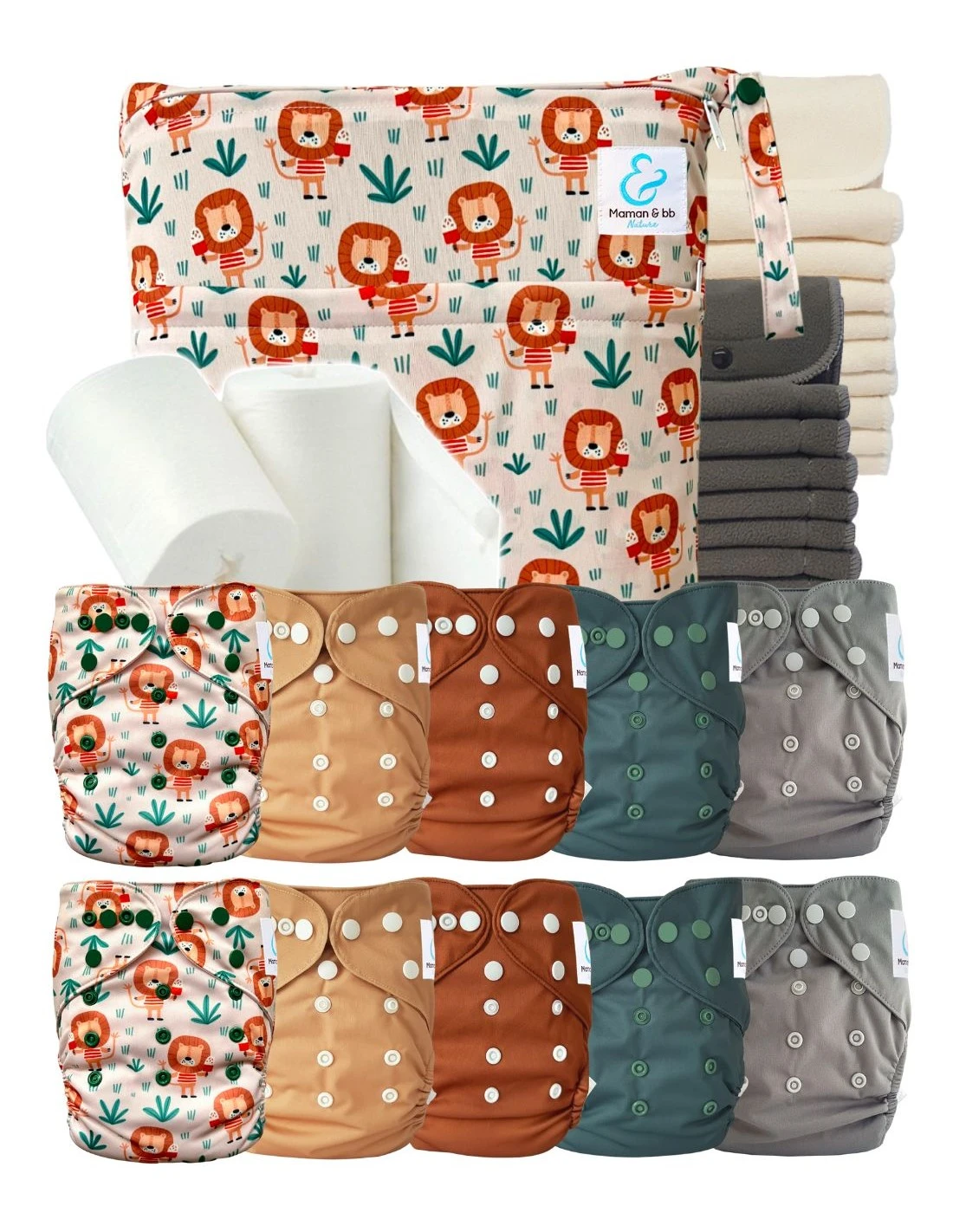 Pack Complet Bambou TE2 - Couches Lavables + Inserts - Aaron Le Lion 1 Pack Complet Bambou TE2 - Couches Lavables + Inserts - Aaron Le Lion