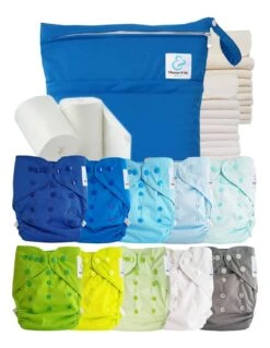 Pack Complet : Lot De 10 Couches Lavables TE2 + Inserts + Voiles + Sac Imperméable - Tons Bleus