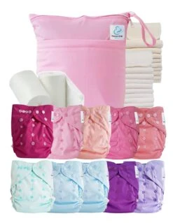 Pack Complet : Lot De 10 Couches Lavables TE2 + Inserts + Voiles + Sac Imperméable - Tons Roses