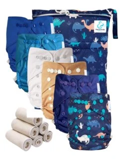 Pack Essentiel Bambou TE2 - 6 Couches Lavables Et Insert - Blue Jurassik