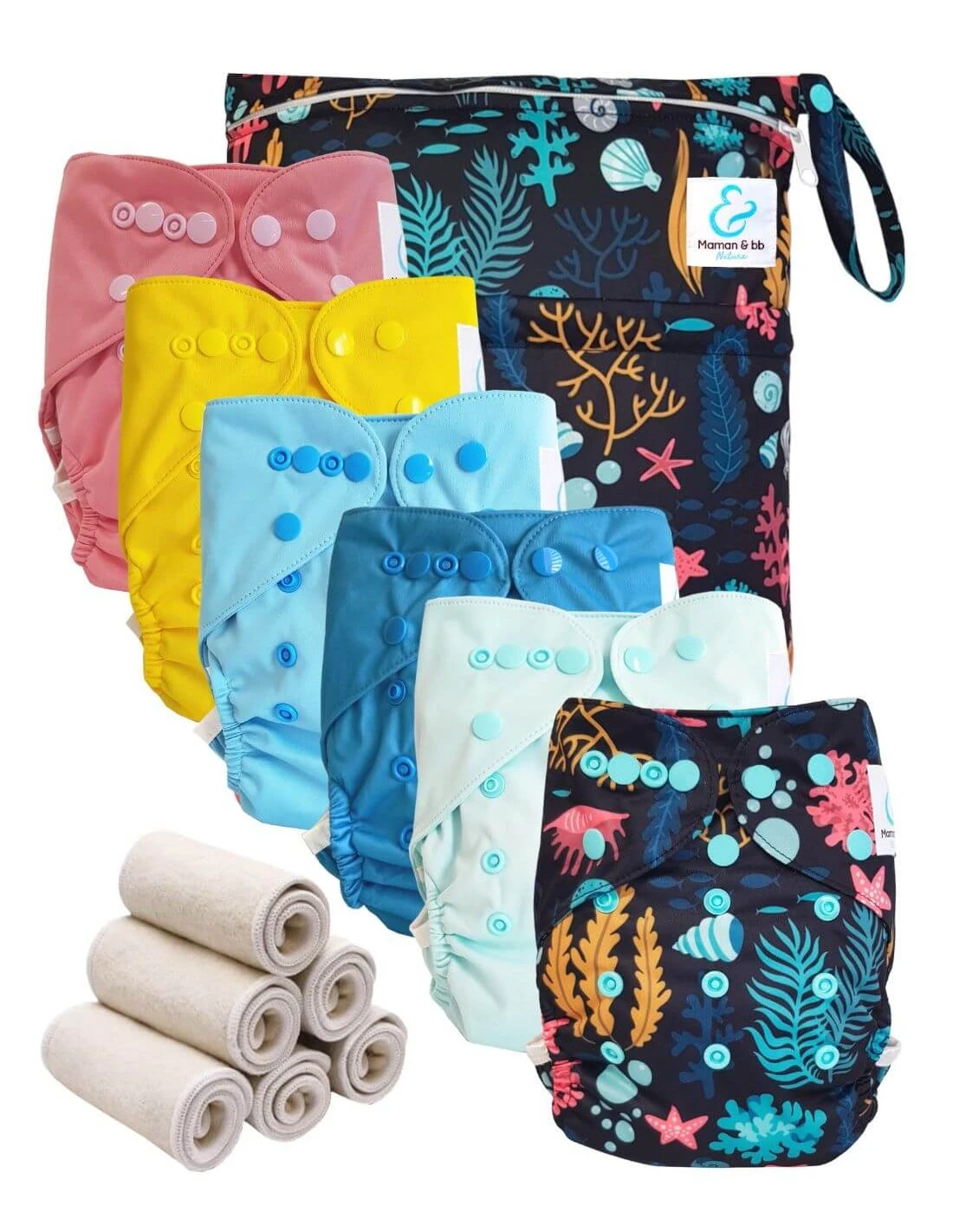 Pack Essentiel Bambou TE2 - 6 Couches Lavables Et Insert - Ocean 1 Pack Essentiel Bambou TE2 - 6 Couches Lavables Et Insert - Ocean